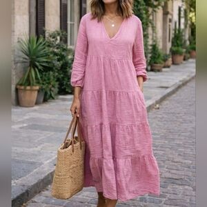 Universal Thread Pink Cotton Tiered Maxi Dress Oversized Boho V-Neck Long Sleeve